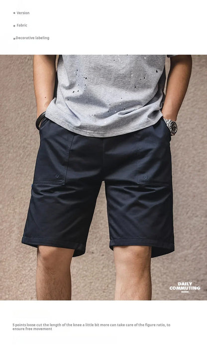 Vintage Khaki Canvas Shorts Men's Summer Slim Fit Straight Leg Pants Cotton Shorts with Elastic Waist Pocket Casual Bottom