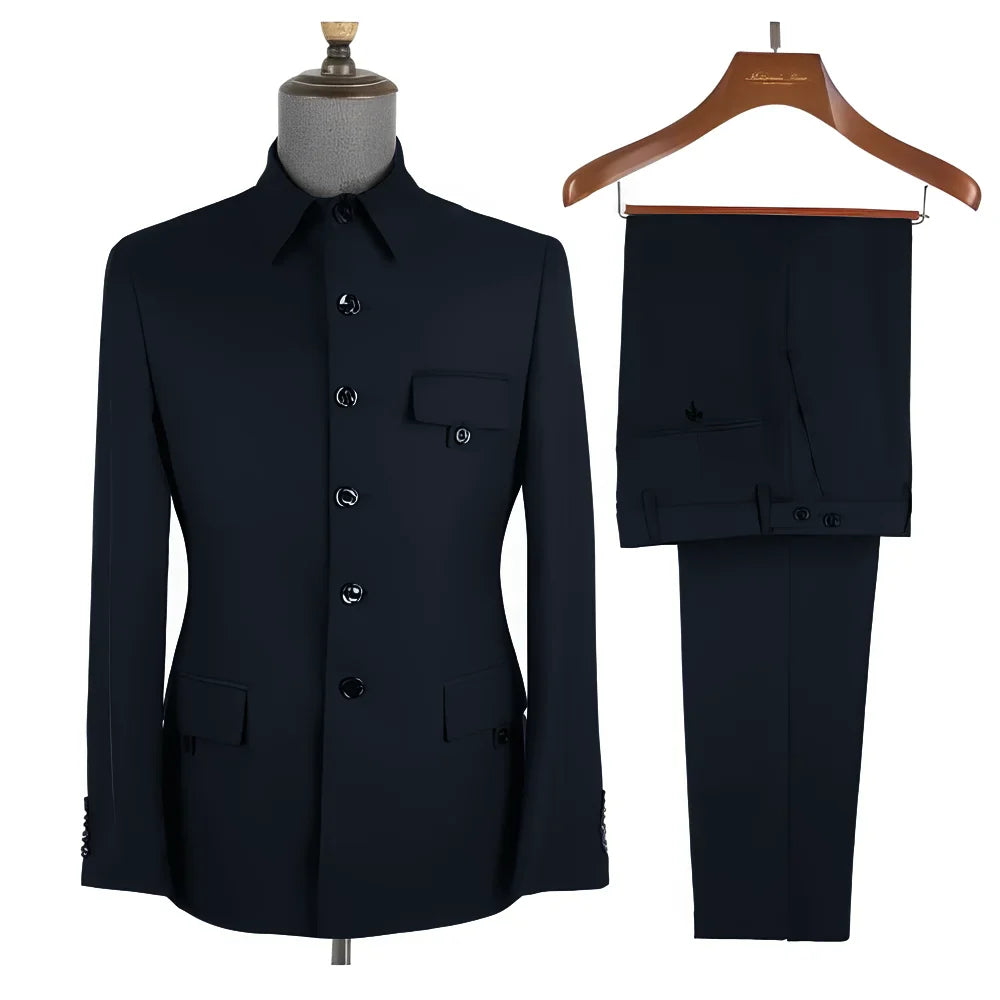 Royal Blue Formal Men's Suit 2 Piece Set Stand Collar Blazer Pants Slim Fit Wedding Groom Tuxedo Party Dress