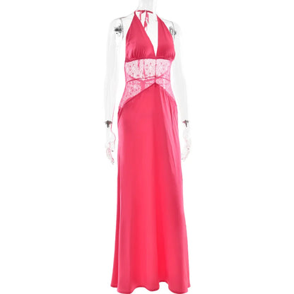 Sexy Deep V-neck Backless Lace Patchwork Satin Dresses for Women 2026 Summer Halter Sleeveless Long Maxi Party Evening Dress