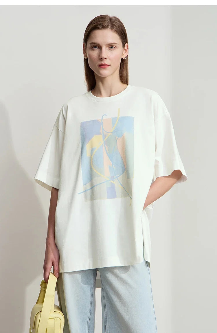 Minimalist Summer T-shirt Women Irregular Design Tops Casual O-neck Abstract Print Loose Dropped Shoulder T-shirt 12522081