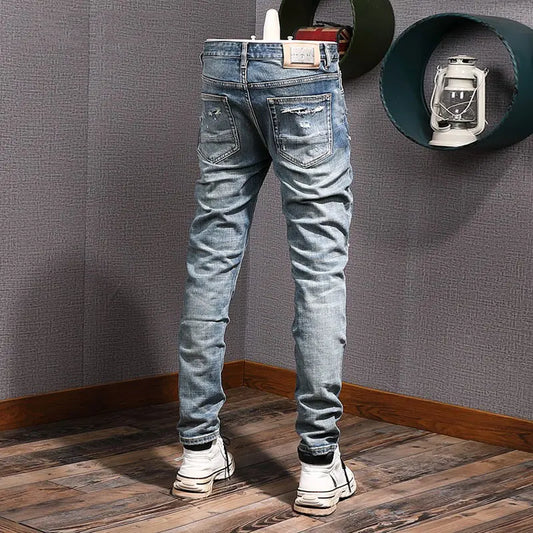 Street Fashion Men Jeans Retro Blue Stretch Slim Fit Hole Ripped Jeans Men Patched Designer Hip Hop Vintage Denim Pants Hombre