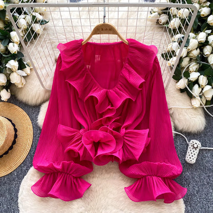 Ruffles Pleated Romantic Tops Thin Spring Summer V Neck French Elegant Blouse Fairycore Flowy Office Lady Luxury Shirt