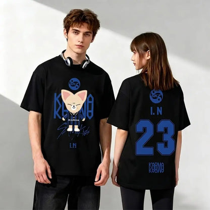2026 New KPOP KARMA Fan Support T-Shirt Korean Fashion HYUNJIN Cartoon Print Tee Men's Women's Y2K Harajuku Style Round Neck Top