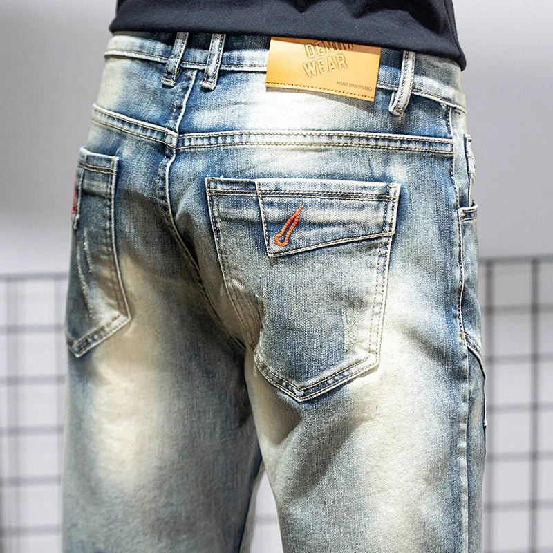 Summer Men's Denim Shorts Retro Motorcycle Elastic Cotton Fashion Knee Length Short Jeans Zipper Hip Hop Rock Streetwear