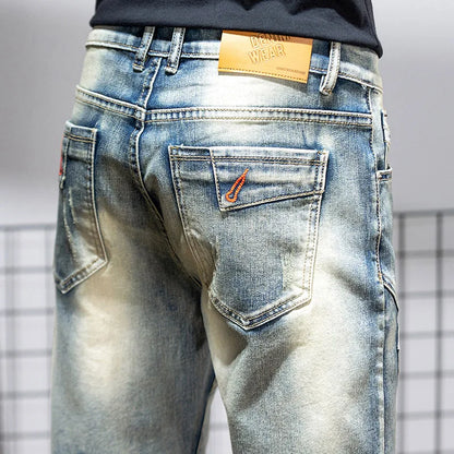 Summer Men's Denim Shorts Retro Motorcycle Elastic Cotton Fashion Knee Length Short Jeans Zipper Hip Hop Rock Streetwear