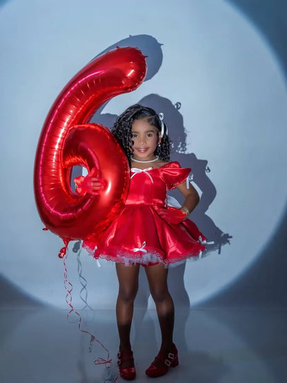 Shiny Mini Satin Girl Flowers Dress O Neck Short Sleeves A Line Ball Gowns Kid Birthday Dress Celebrity Customized