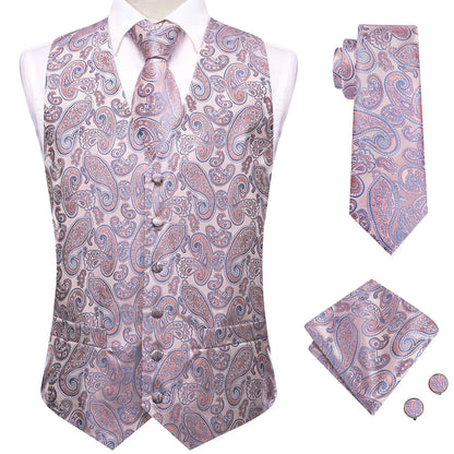 Wedding Coral Pink Mens Vest Silk Tie Set Adjustable Jacquard Waistcoat Jacket Necktie Hanky Cufflinks Formal Party Gifts