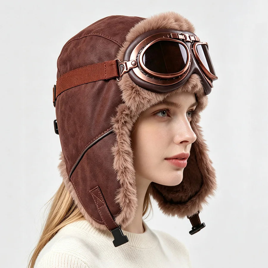 Retro Unisex Aviator Trapper Hat Faux Fur Thick Warm With Goggles Earflap Winter Cap For Cycling Outdoor Cold Protection