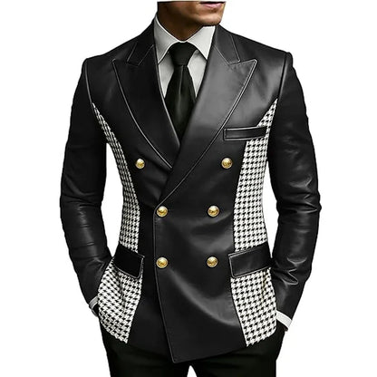 Men’s Brown Leather Blazer With Houndstooth Sides Vintage Two-Tone Double Breasted Slim Fit Gold Buttons Leather Tuxedo Jacket