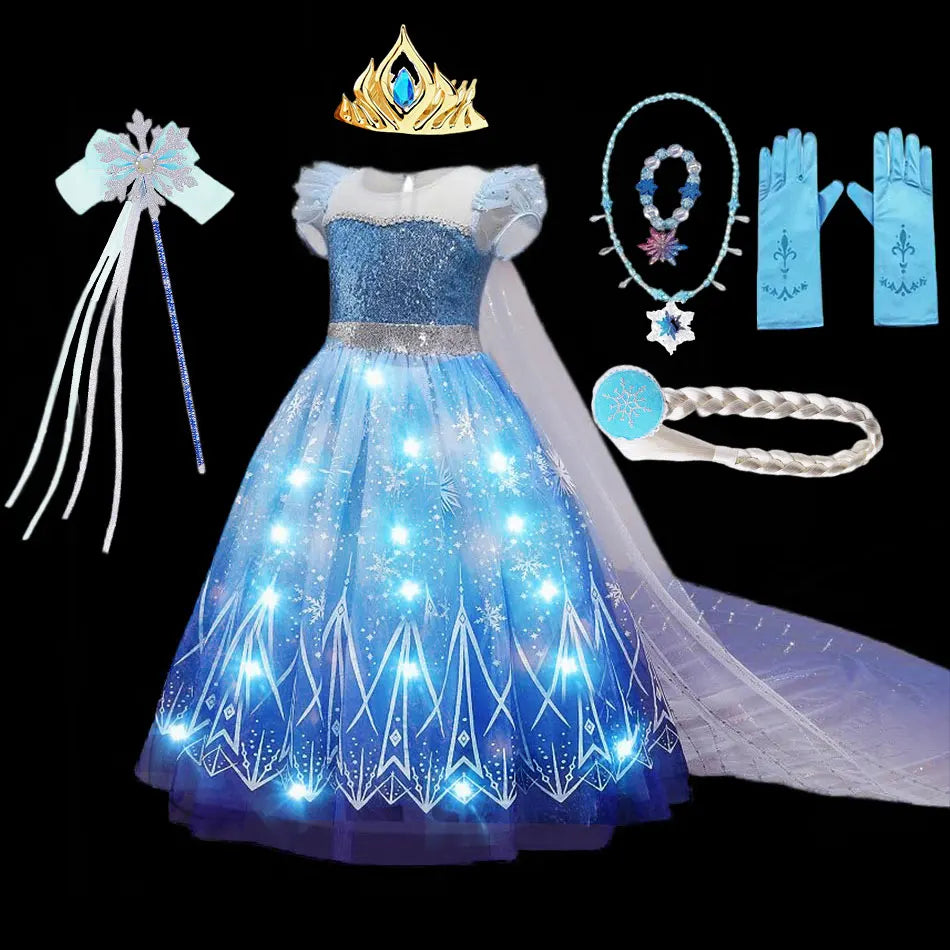 Halloween Girl Elsa Role Playing Dress Light Up Halloween Frozen Carnival Apparel Girls Birthday Cosplay Princess Glowing Dress