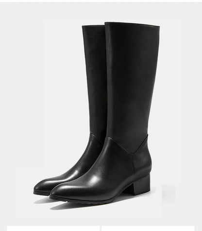Italian Classic Men's Knee High Boots 5 Cm Heels Luxury Genuine Leather Comfortable Winter Warm Black Business Shoes Boots Man