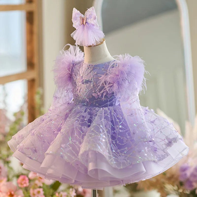 Luxury Girls' Party Dress, Long Sleeved Sequined Butterfly Mesh Dress, One Year Old Birthday Gift, Elegant Dress for Girls Aged