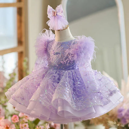 Luxury Girls' Party Dress, Long Sleeved Sequined Butterfly Mesh Dress, One Year Old Birthday Gift, Elegant Dress for Girls Aged