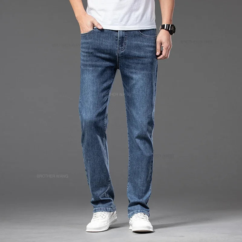 Spring Summer Thin Men's Classic Jeans Elastic Loose Straight Cotton Casual Denim Trousers Brand Clothing Business Male Pants