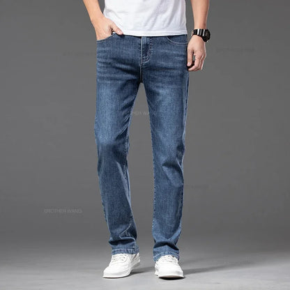 Spring Summer Thin Men's Classic Jeans Elastic Loose Straight Cotton Casual Denim Trousers Brand Clothing Business Male Pants