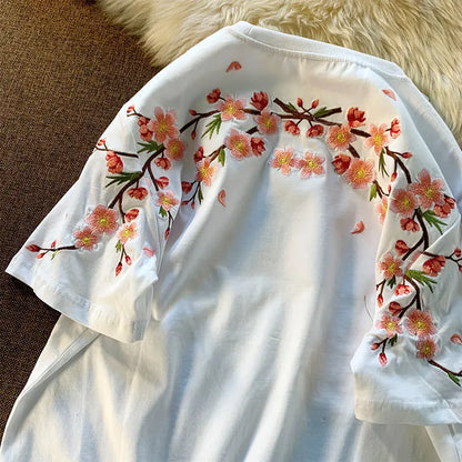 Aesthetic Japan Style Cherry Blossoms Embroidery T Shirts Sexy Women Girls Cotton Summer Tee Tops O-neck Loose Casual Harajuku