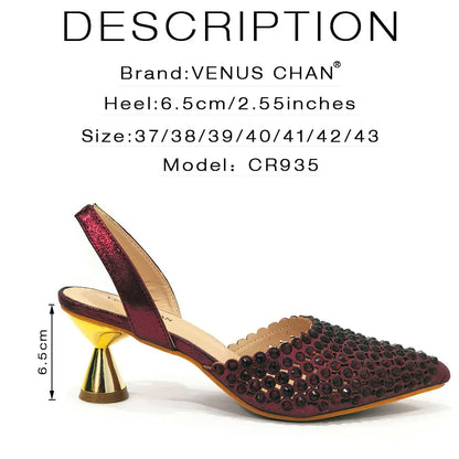 2026 Elegant Women's Pointed Toe Heels - Wine Color Full Diamond Pumps with Matching Italian Shoes & Bags Set