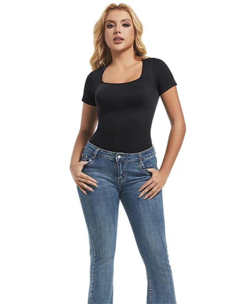Short Sleeve Open Crotch Big U Neck Seamless Shapers Spandex Elastic Body Suit Shapewear Women Body Shaper Tummy Control