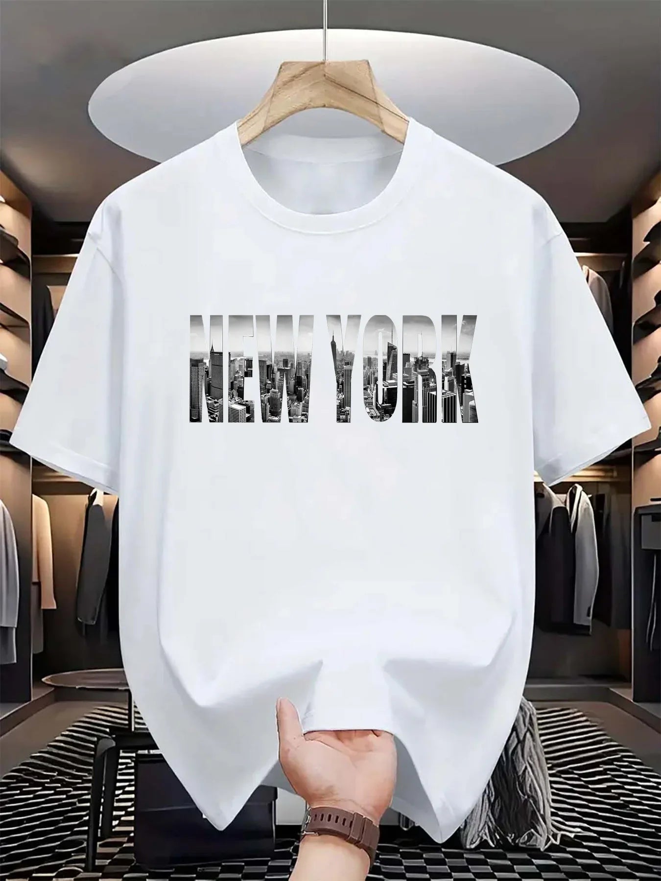 Summer men's 100% pure cotton casual loose plus size New York City printed sports comfortable round neck short sleeved T-shirt