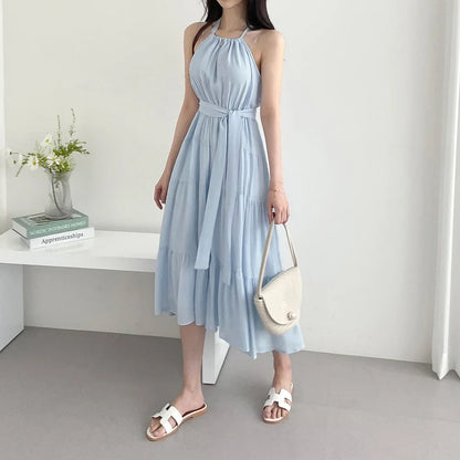 Korean Style Summer Slimming Necktie Waist Cinched Sleeveless Vest Long Dress Women's Fashionable Commute Style Inner Wear