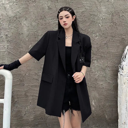 Streetwear Loose Women Blazer Summer Fashion New Thin Short Sleeve Button Down Jacket Woman