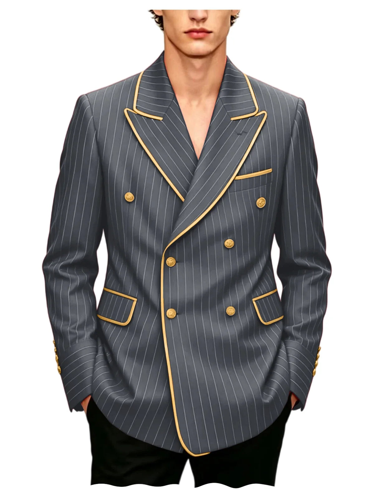 Luxury Men's Pinstripe Blazer Gold Trim Peak Lapel Formal Suit Breathable Lightweight Jacket for Business Party Wedding Coat