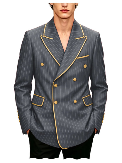 Luxury Men's Pinstripe Blazer Gold Trim Peak Lapel Formal Suit Breathable Lightweight Jacket for Business Party Wedding Coat