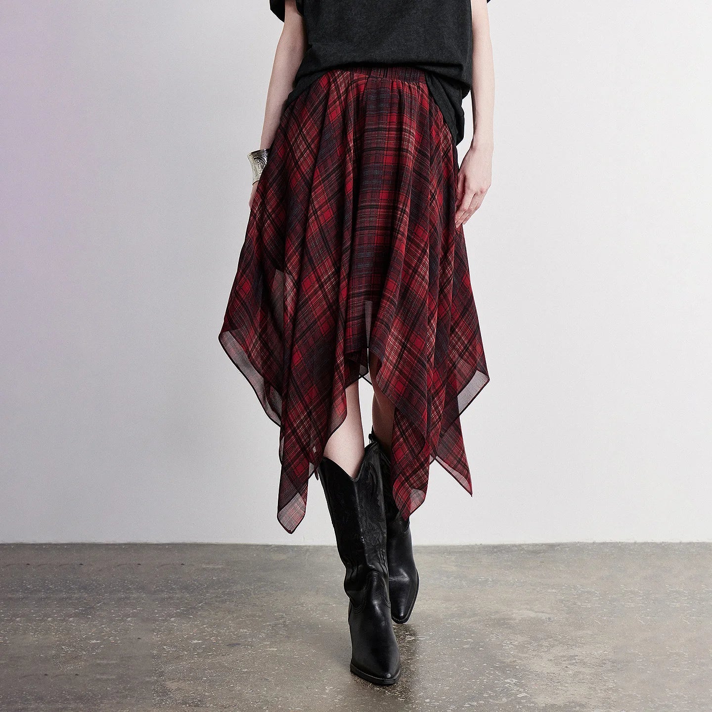Women Chiffon Print Skirt 2026 Summer New Boho Retro Plaid Asymmetric Elastic Waist
