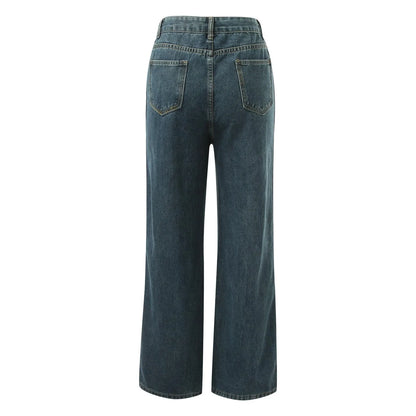 Harajuku Y2k Trendy Denim Pants Women Striped Drawstring High Waist Jeans Korean Style Vintage Loose Wide Leg Trousers