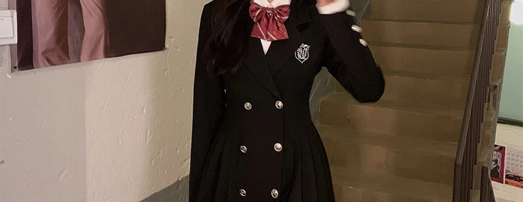 Sweet Style Suit Dress Korean Drama Main Character Waist Cinched Beautiful  Skirt College Style High Waist Double Breaste...