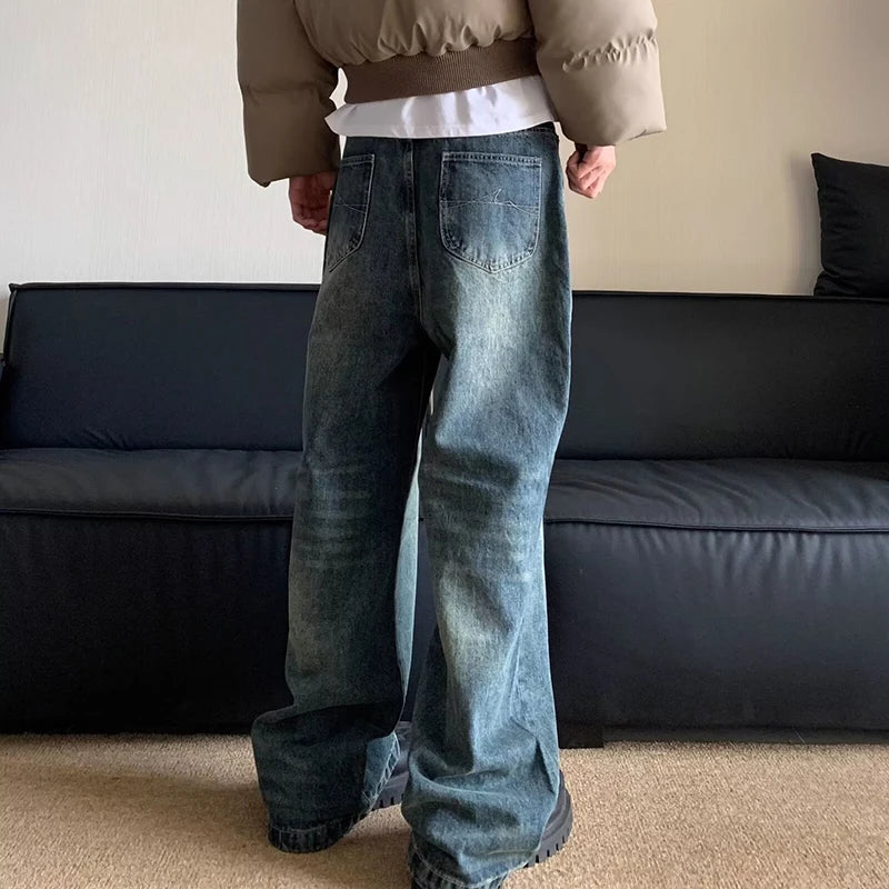 Korean Version Retro Letter Printed Jeans For Men Loose Straight Leg Wide Leg Pants High Street Hip-Hop Design Casual Pants