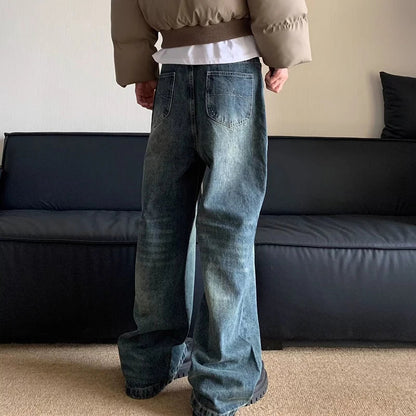 Korean Version Retro Letter Printed Jeans For Men Loose Straight Leg Wide Leg Pants High Street Hip-Hop Design Casual Pants