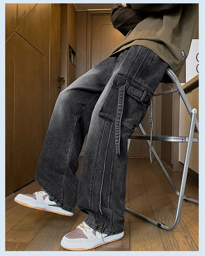 Autumn New Men's Loose Jeans Multi-pocket Work-wearing Jeans Street Hip-hop Straight Wide-leg Pants Baggy Dance Pants
