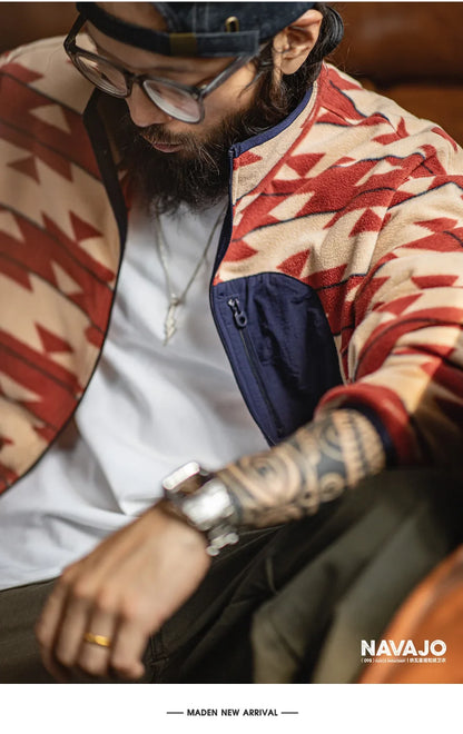 Men's Vintage Navajo Polar Fleece Jacket Stand Collar Zip-Up Patchwork Sweatshirt Warm Cardigan for Spring and Autumn Coat