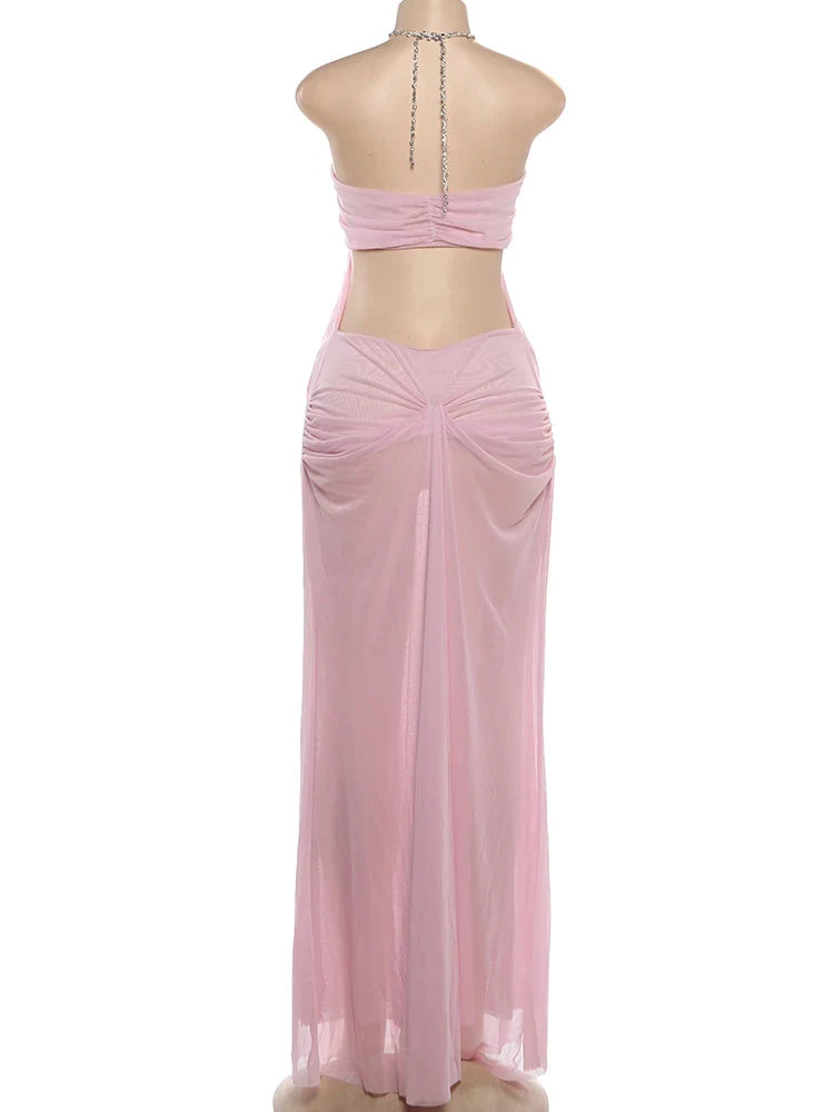 Prom Party Gown Dress Woman Sexy See Through Luxury Chain Halter Low-Neck Backless Sleeveless Midnight Elegant Vestidos