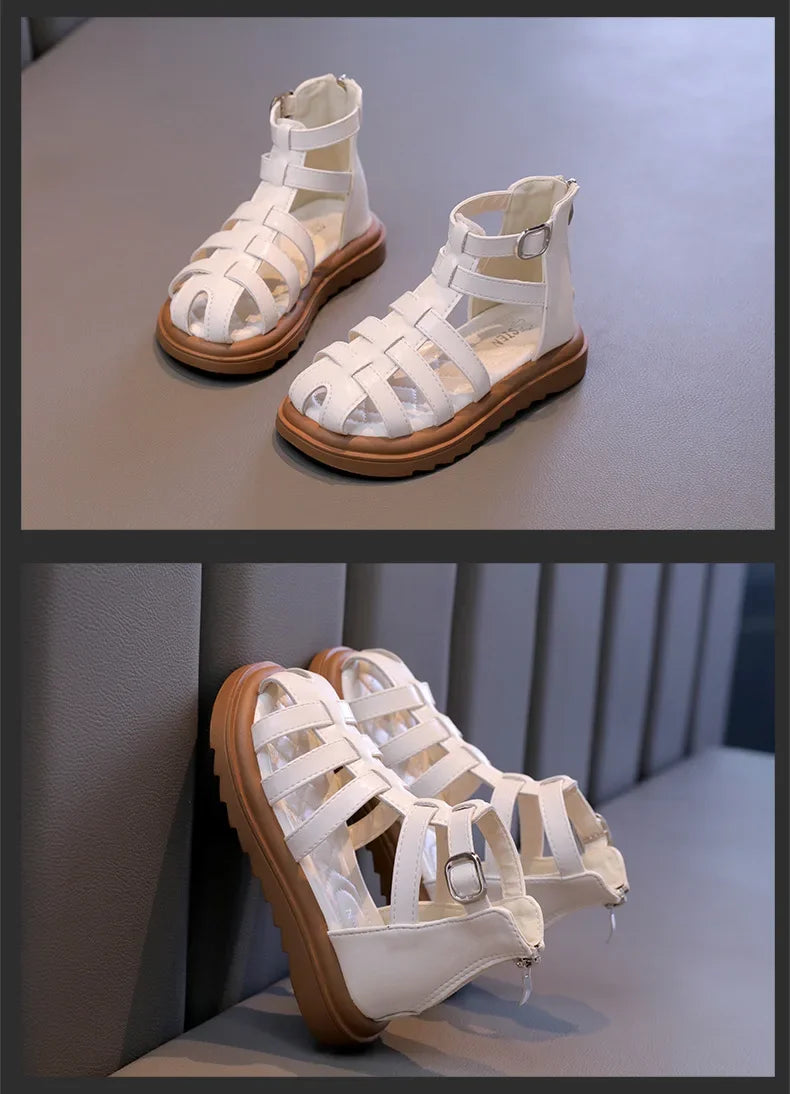British Style Children's Sandals Girl 2024 Summer Kids Hollow-out Beach Shoes Fashion Causal Girls High-top Simple Roman Sandals