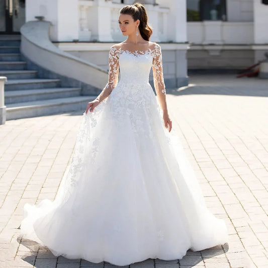 Classic Wedding Dress for Woman Bride Customized Sheer Scoop Neck Long Sleeves Applique Tulle A Line Bride Dresses Bridal Gown