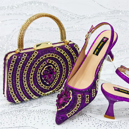 2025 Elegant Fruit Green Women's Green Heels and Rhinestone Handbag Set - Italian Design for Weddings and Parties