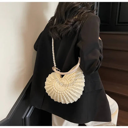 Fashion Conch Shaped Crochet Women Shoulde Bags Funny Cute Pearls Chains Handmade Weave Crossbody Bag Novelty Small Handbags