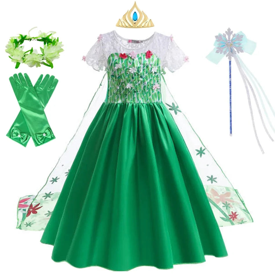 Elsa Green Dress for Kids Girl Princess  Costume Dresses  Children Long Cloak Floral Lace Ball Gown Summer