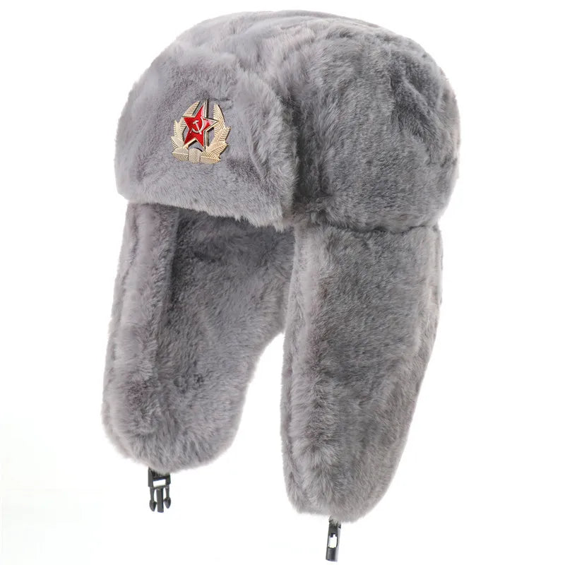 Winter Women Soviet Badge Bomber Hat Warm Faux Rabbit Fur Pilot Ushanka Windproof Thermal Earflap Hats For Men Ski Caps