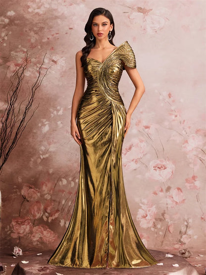 Lucyinlove Luxury Slanted Shoulder Fishbone Evening Dresses Woman Waist-cinching Mermaid Wedding Party Elegant Long Formal Prom