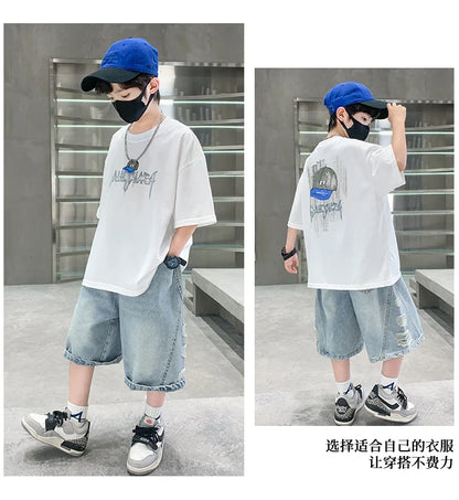 2025 New Summer Clothing Set for Kids Boy Luxury Summer Suit Children Cotton T-shirt And Denim Shorts 2 Pieces Tracksuit Outfit