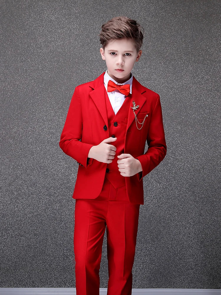 Flower Boys Red Wedding Suit Children Jacket Vest Pants Bowtie 4PCS Photograph Suit Teenager Tuxedo Dress Kids Birthday Costume
