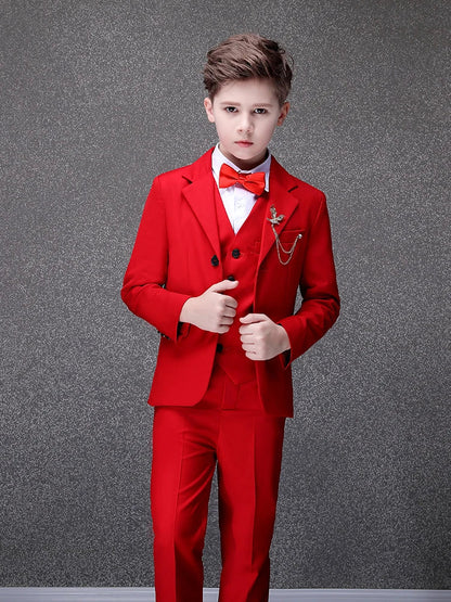 Flower Boys Red Wedding Suit Children Jacket Vest Pants Bowtie 4PCS Photograph Suit Teenager Tuxedo Dress Kids Birthday Costume