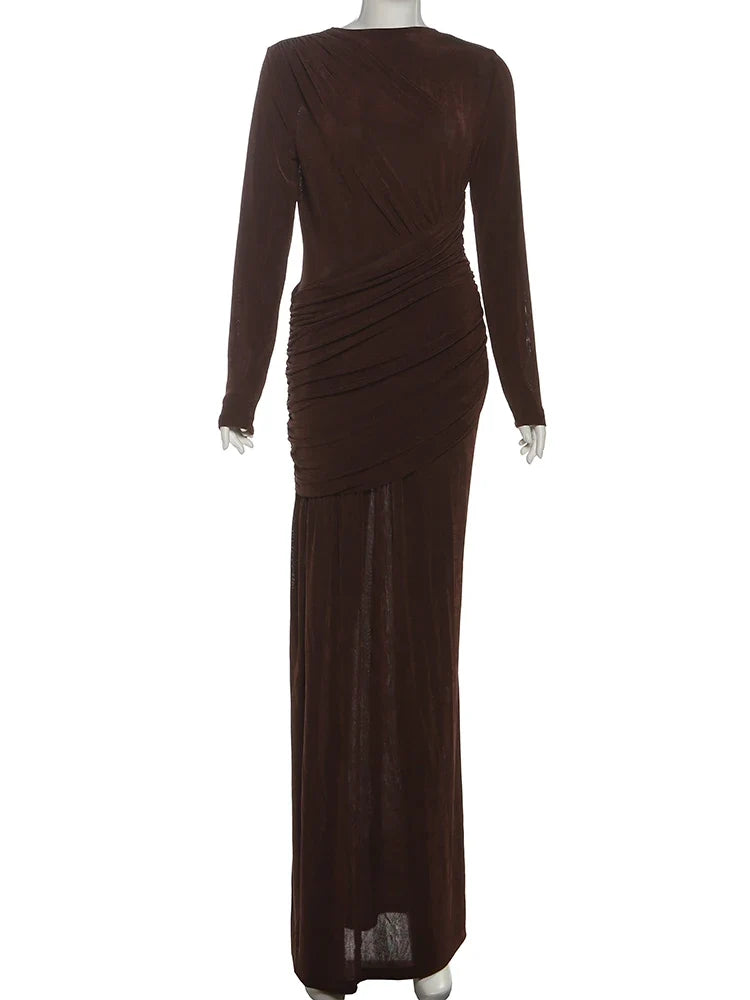 Folds Maxi Dress Women o-Neck Full Sleeve Solid Banquet Elegant Vacation Fashion Autumn Skinny Casual Simple Vestidos