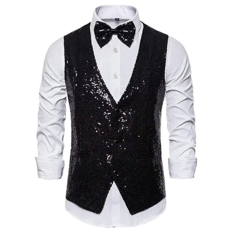 2026 Men's Shiny Gold Sequin Glitter Embellished Blazer Waistcoat Night Club Blazer Wedding Party Waistcoat Stage Singers Vest