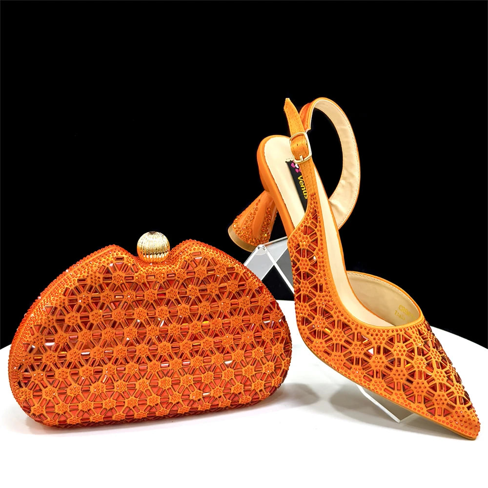 2026 New Elegant Green Pointed-Toe High Heels & Matching Bag Set with Diamond Design for Women's Party Wear - Italian Trend