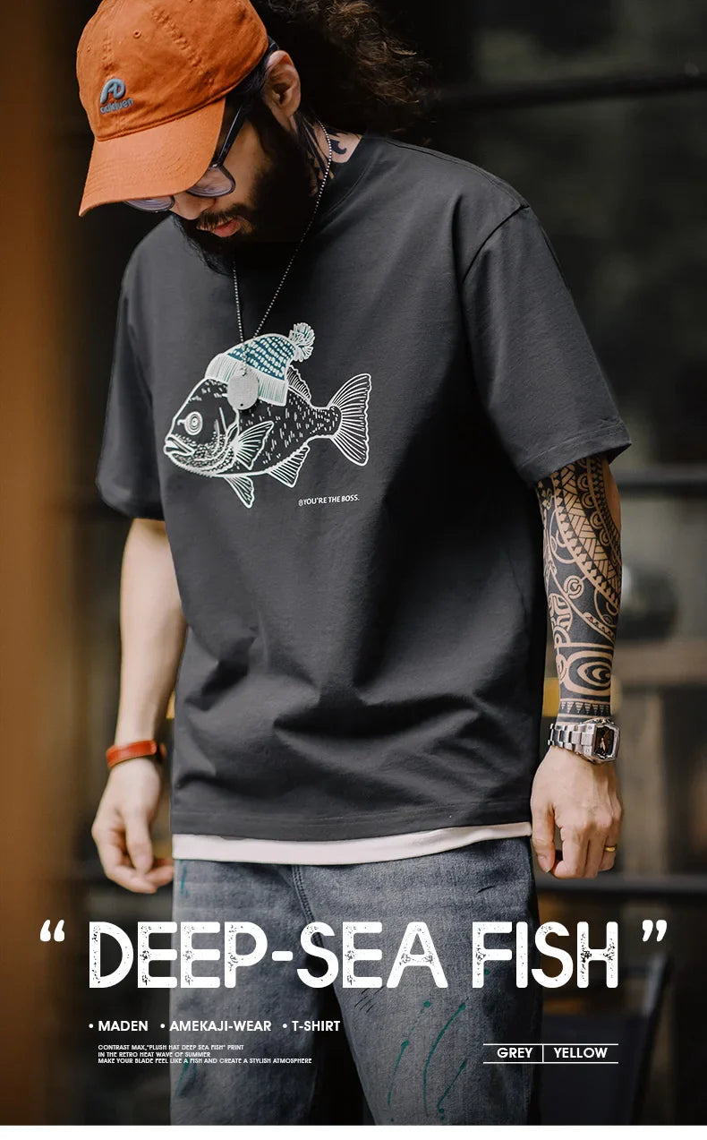 Vintage Flocked Print Short-sleeved T-shirts Animal Pattern Cotton Round Neck Tops for Men's Summer Casual Loose Fit Tee