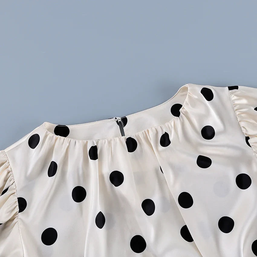 Vintage Polka Dot Puff Sleeve Woman Blouse 2026 Street Chic Ruched O Neck Shirts Female Summer Casual Ruffles Tops Women